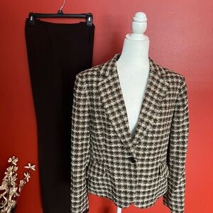 Women’s Jones New York Suit cream, tan, and teal plaid Blazer with brown slacks